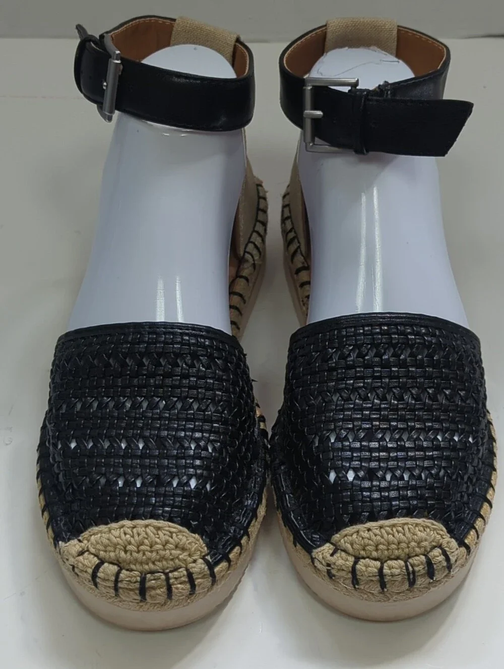 Womens Sz 7 Espadrille Sandals Black/Beige Woven Ankle Strap Buckle Flat